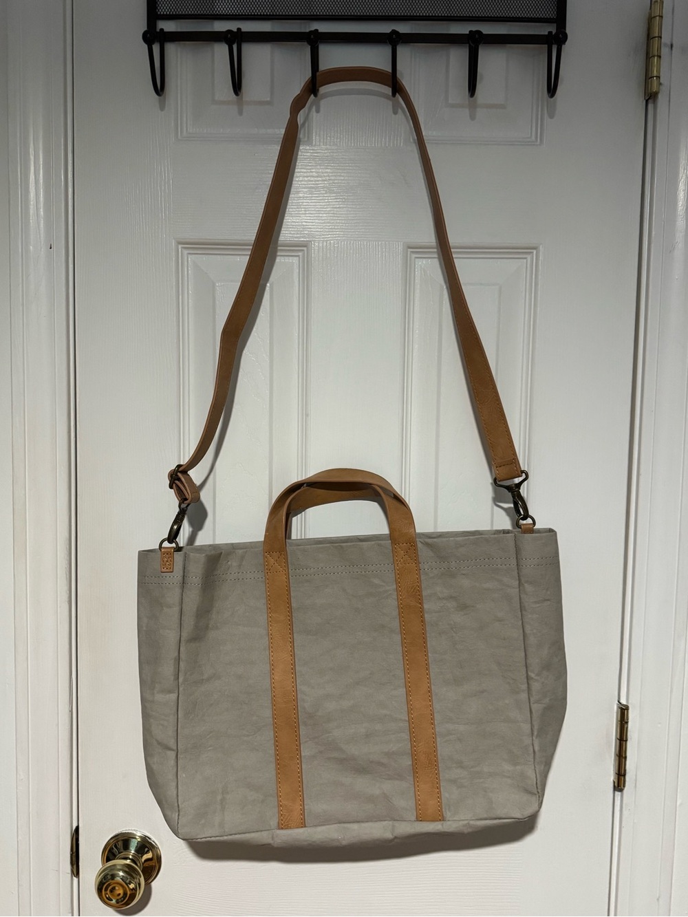 Hearth and Hand Canvas Tote Bag with Tan Leather Handles and Adjustable Strap